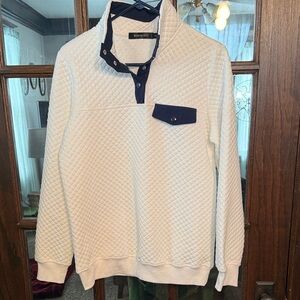 MEROKEETY Mens Quilted Snap Neck Pullover White Navy‎ Blue Diamond Knit Small